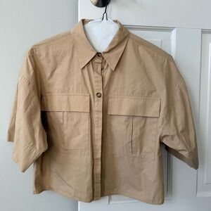 Zara Tan Button-Up Shirt Small Camp style minimalist short sleeve